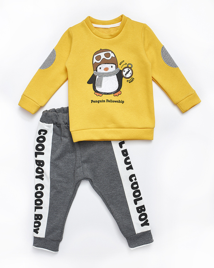 HASHTAG suit set in yellow color with penguin print.