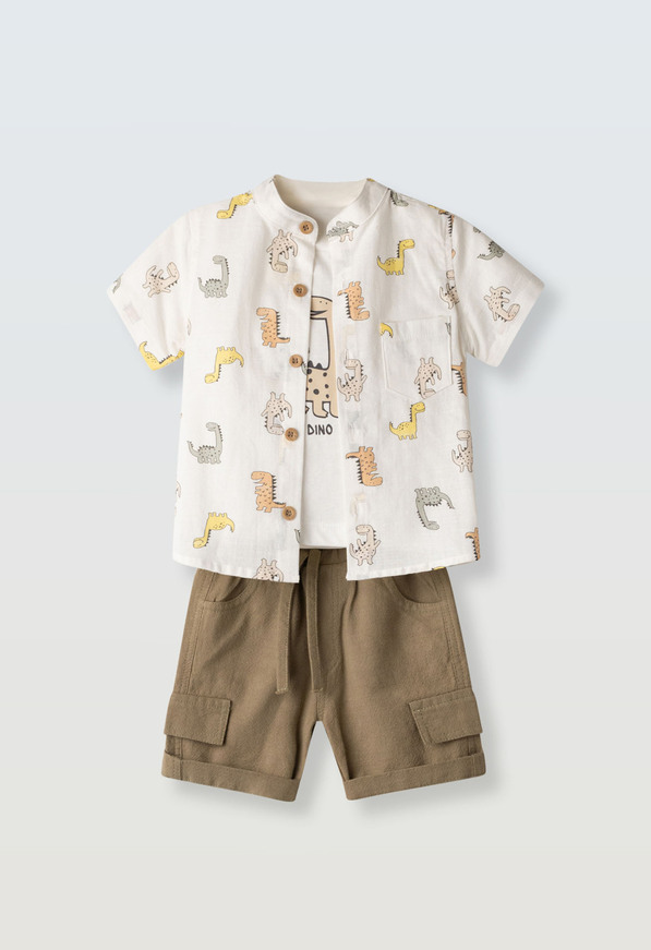 Σετ 3 τεμ. HASHTAG, πουκάμισο με all-over τύπωμα, μπλούζα και βερμούδα σε χρώμα καφέ.