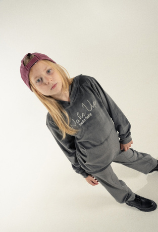 EBITA velor tracksuit set in gray with "WAKE UP" logo embossed.