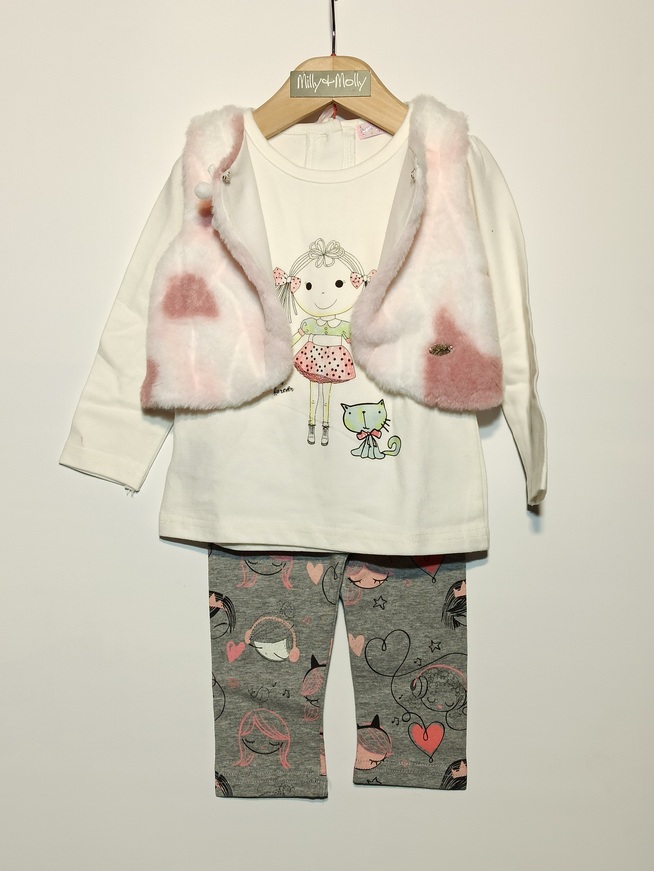 Set of 3 pcs. Ebita, off-white cotton blouse, fur vest, and cotton leggings with all over print.
