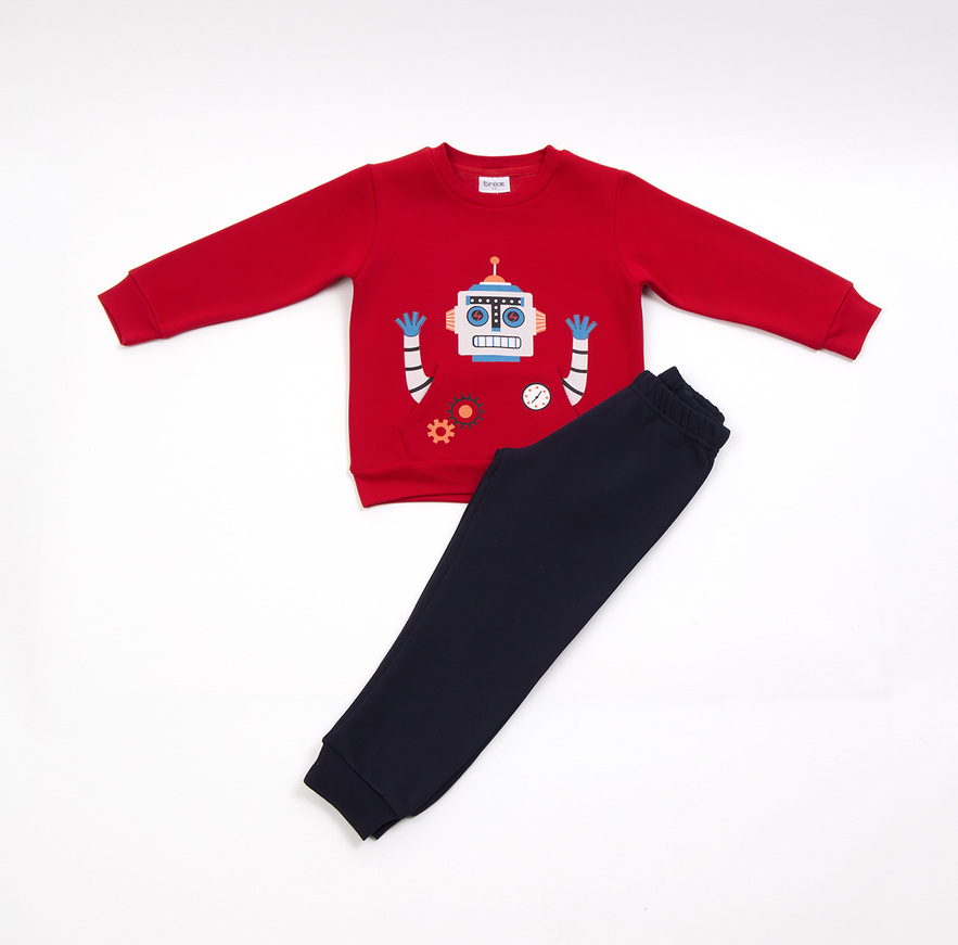 TRAX tracksuit set, red robot print top and trousers with elastic at the hem.