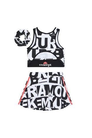 Σετ φούστα-σορτς SPRINT σε χρώμα λευκό με μαύρο και ασορτί λάστιχο για τα μαλλιά.