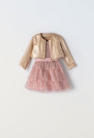 EBITA dress set in pink color with leather jacket.