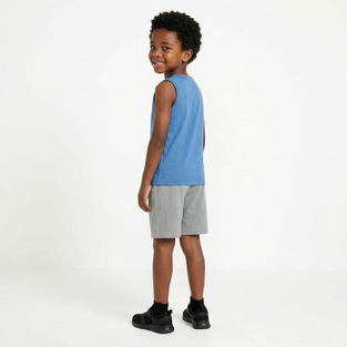 TRAX sleeveless blouse and Bermuda shorts set in dark blue-gray.