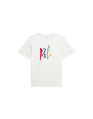 POLO RALPH LAUREN shirt in white color with colorful "POLO" logo.