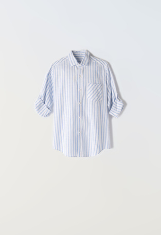 HASHTAG linen shirt in white color with siel striped design.