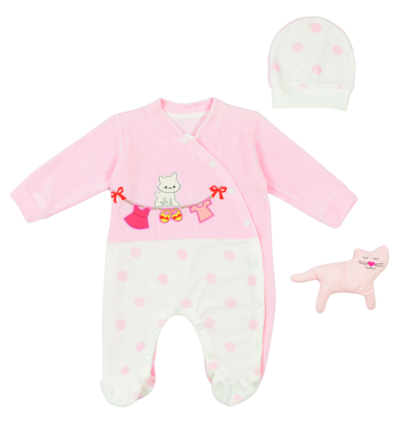 EBITA velor bodysuit in pink color and matching cap.