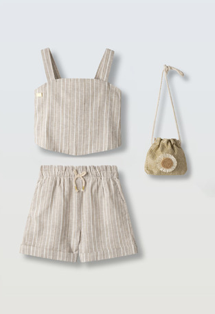 EVITA shorts set in dark beige with matching bag.