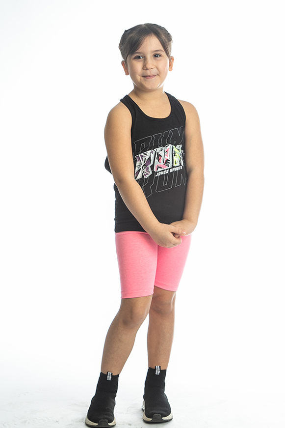 JOYCE leggings set, black sleeveless top with "run" print on the front and pink cycling leggings.