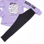 Set of TRAX tights in purple with "GOOD MOOD" embossed logo.