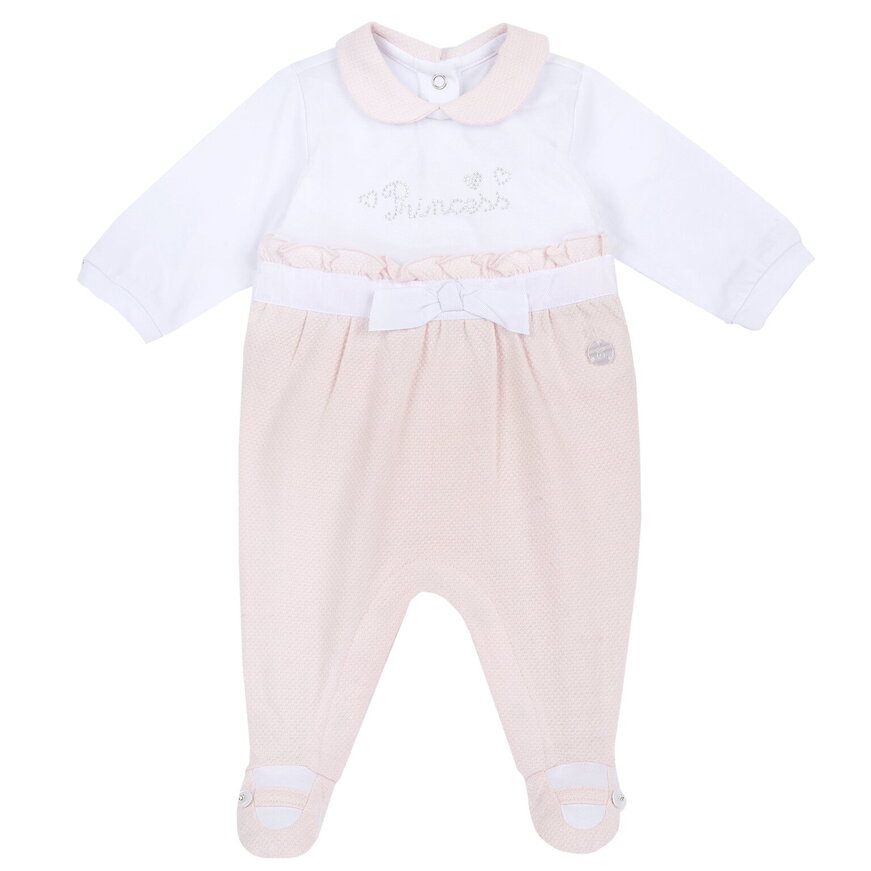 CHICCO bodysuit in pink and white colors with embossing rhinestone logo.