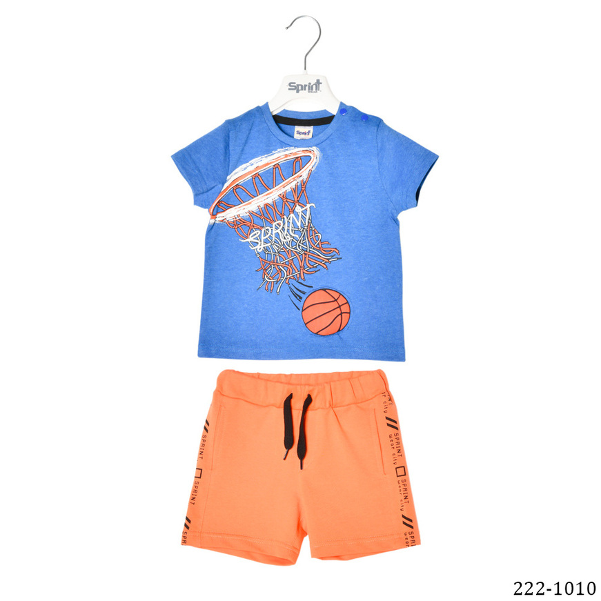 Set of SPRINT shorts, basketball print top and orange shorts.