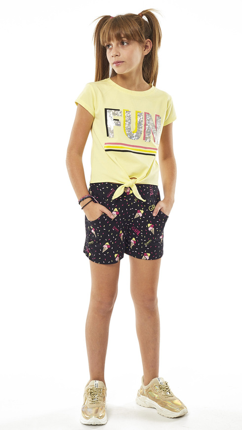 EBITA shorts set, yellow blouse with foil print and shorts with pockets.
