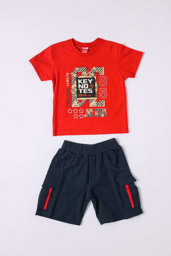 JOYCE cotton set, blouse with embossed print in red color, and bermuda shorts with two outer side pockets in blue color.
