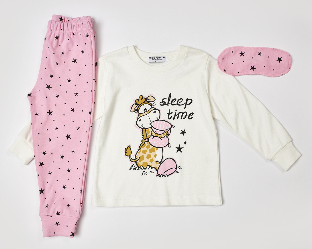 HOMMIES pajamas in off-white with embossed "SLEEP TIME" logo and matching sleep mask.