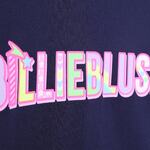 BILLIEBLUSH cotton blouse in dark blue with an embossed "BILLIEBLUSH" logo.
