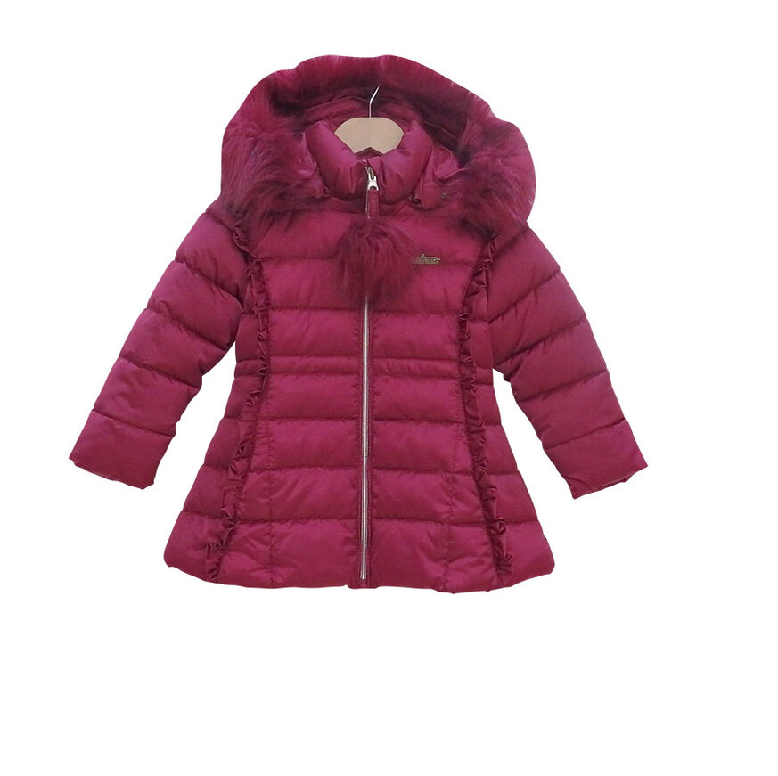 Fuchsia Ebita jacket with removable hood and pom pom detail on the zip.
