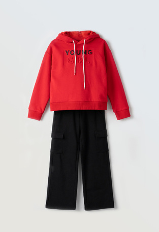 EBITA bodysuit set in red with "YOUNG GIRL" logo embossed.