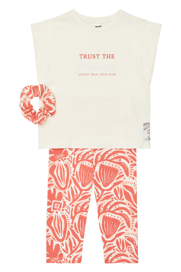 Σετ κολάν SPRINT σε λευκό με κοραλί χρώμα και ασορτί λάστιχο για τα μαλλιά.