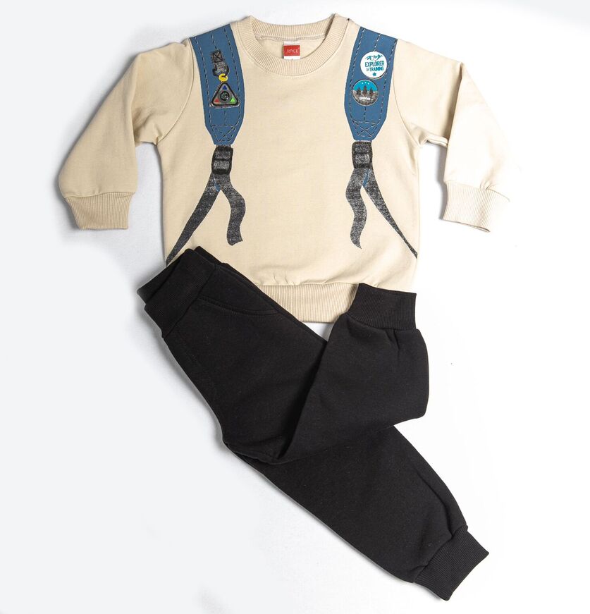 JOYCE tracksuit set, off-white school bag print top and sweatpants.