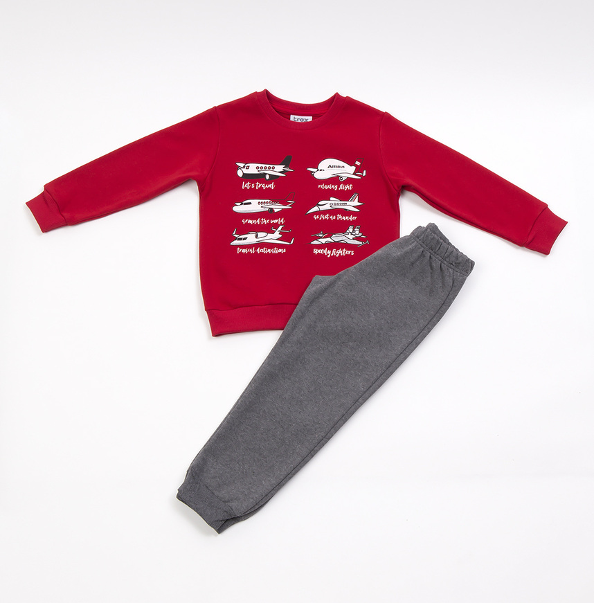 TRAX tracksuit set, red blouse with airplane print and sweatpants.