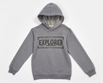 HASHTAG sweatshirt in charcoal color with embossed "EXPLORER" logo.