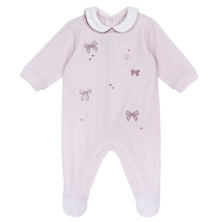CHICCO velor bodysuit in pink with embossed bow print.