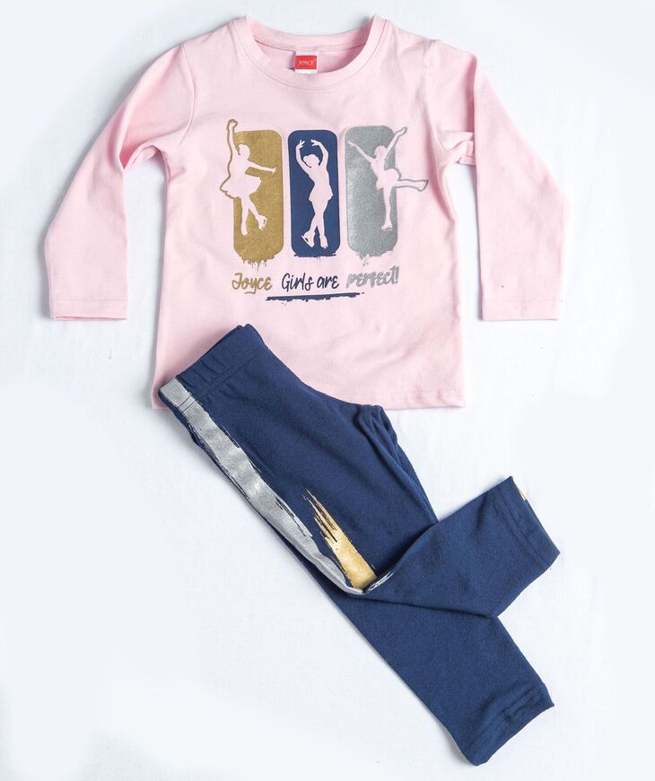JOYCE leggings set, pink blouse with embossed print on the front and leggings with side print.