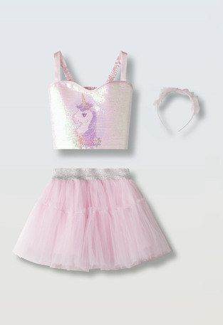 Σετ φούστα ΕΒΙΤΑ σε χρώμα ροζ, με παγιέτες και τύπωμα μονόκερο στο μπροστινό μέρος.