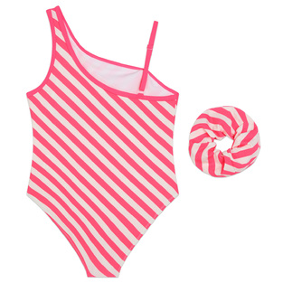 BILLIEBLUSH one piece swimsuit in pink striped color with matching hair scrunchie.