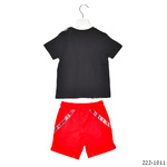 SPRINT shorts set, black printed top and red shorts.