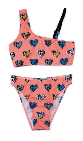 TORTUE bikini swimsuit in coral color with heart print.