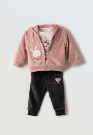 Set of 3 velvet jumpsuits. EBITA in pink color with embossed bunnies print. 