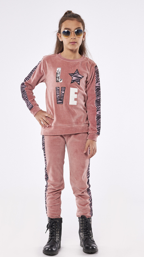 EBITA velor jumpsuit set in pink color with animal print details.