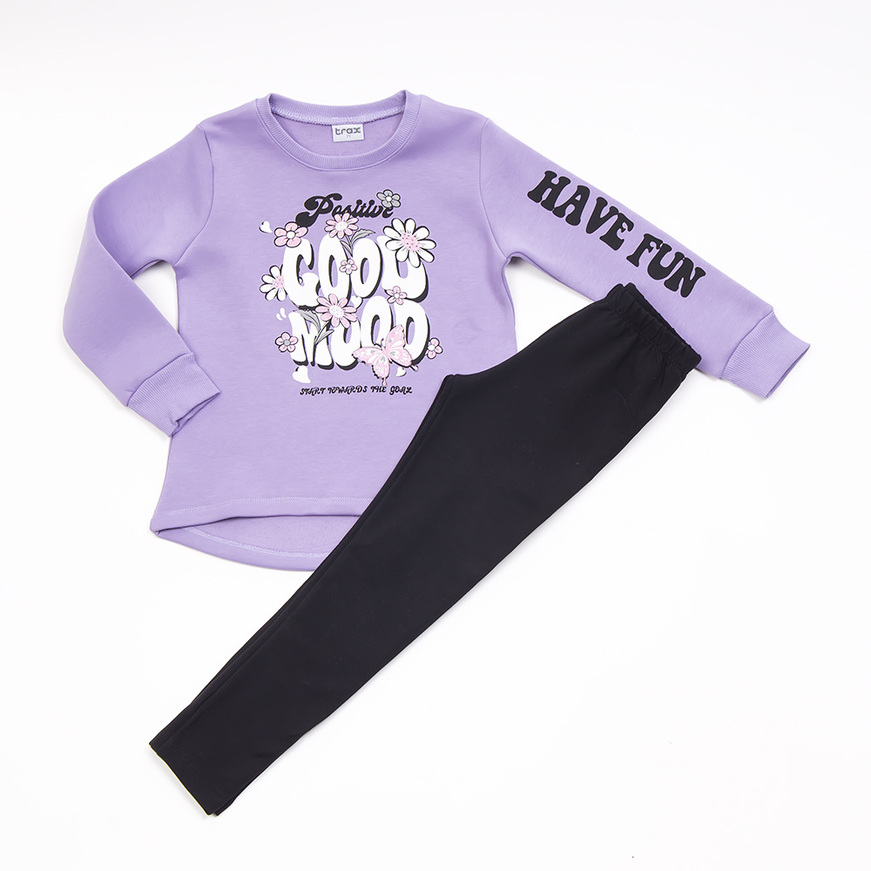 Set of TRAX tights in purple with "GOOD MOOD" embossed logo.