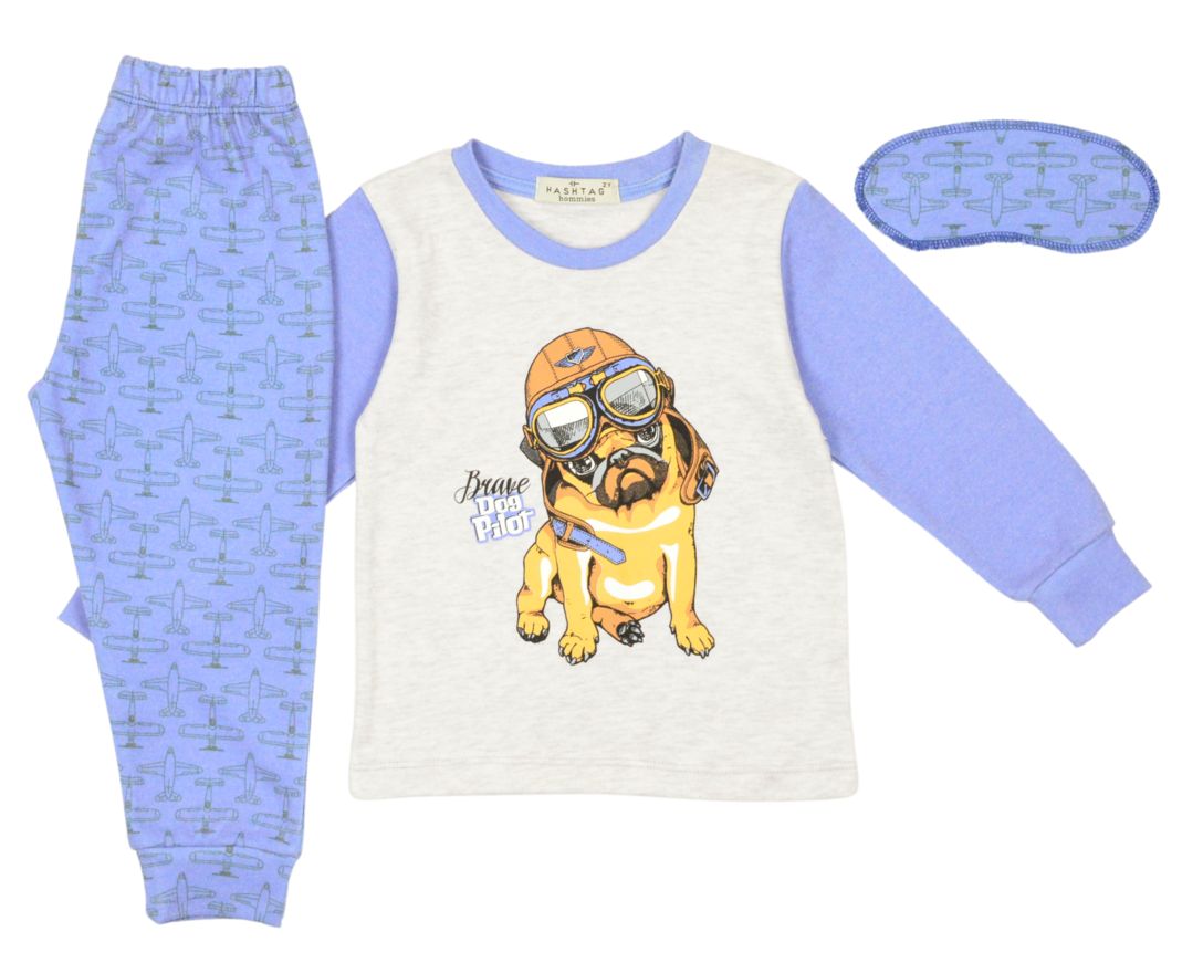 HOMMIES pajamas in gray with embossed dog print and matching sleep mask.