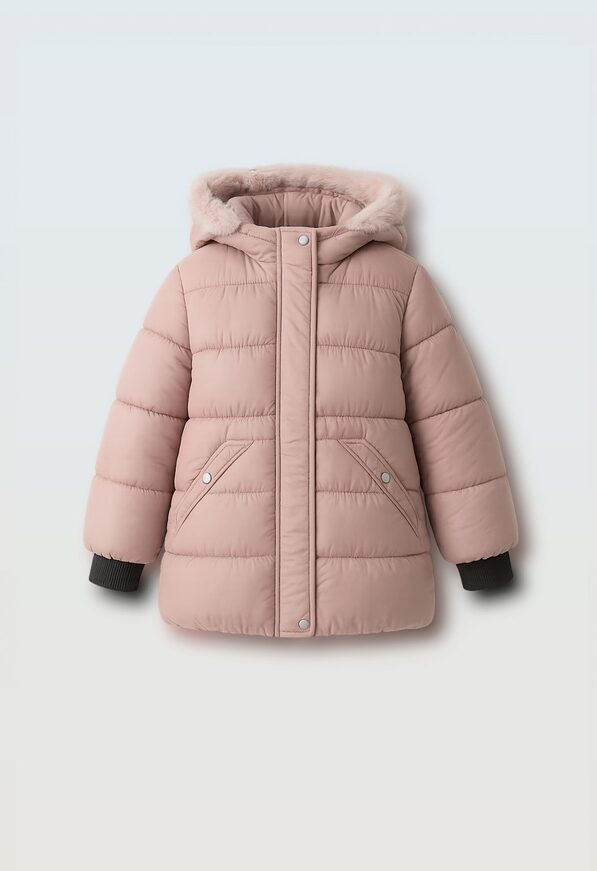 Μπουφάν ΕΒΙΤΑ σε ροζ χρώμα με ενσωματωμένη κουκούλα.