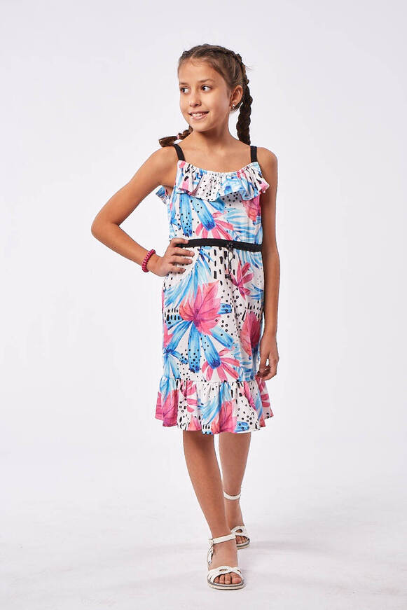 EBITA dress with floral tropical pattern and elastic waist cord.