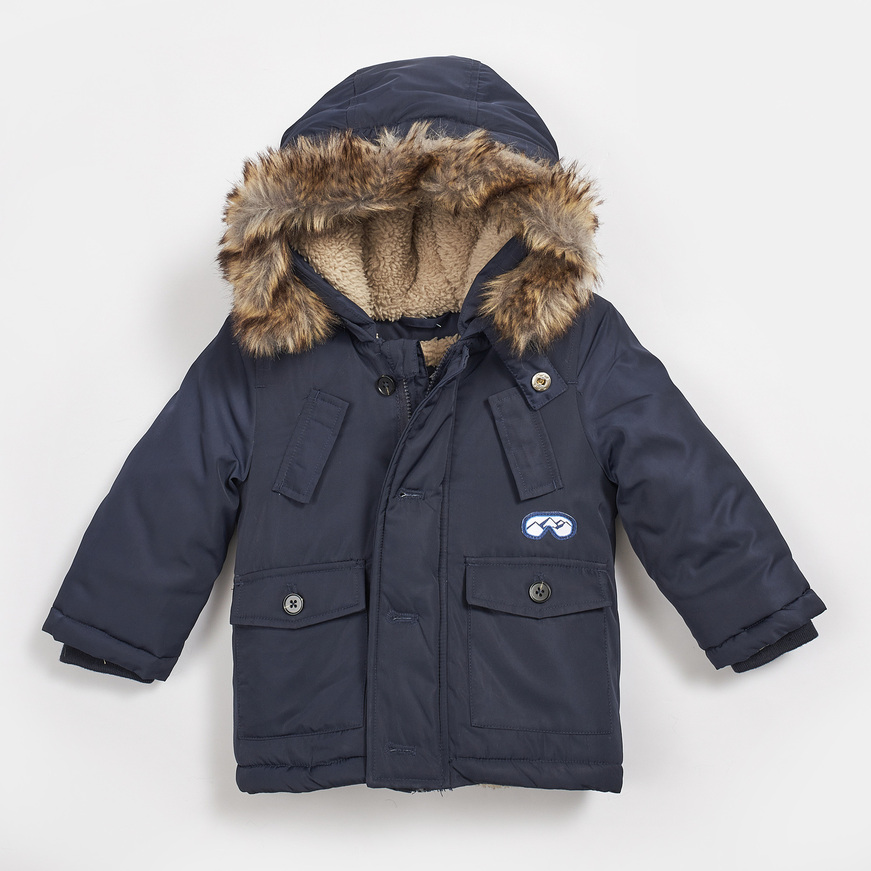 HASHTAG parka jacket in blue color with hood.
