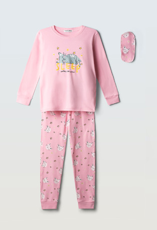 HOMMIES pajamas with matching sleep mask in pink.