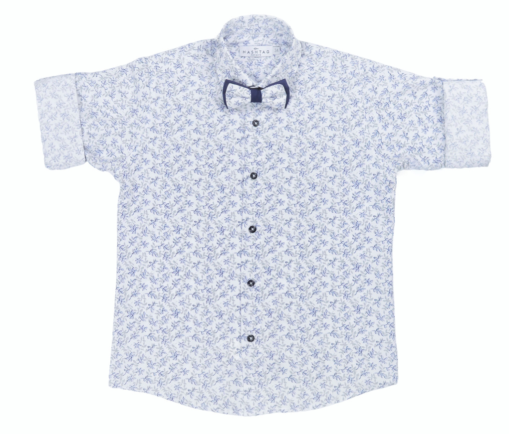HASHTAG shirt with blue patterns and bow ties.