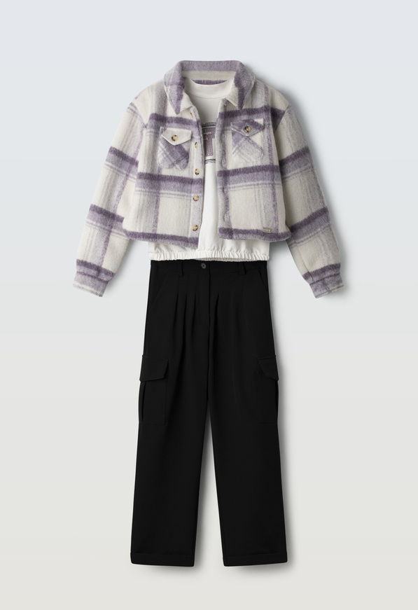 Σετ παντελόνι 3 τεμ. ΕΒΙΤΑ σε εκρού και μωβ χρώμα με καρό σχέδιο.