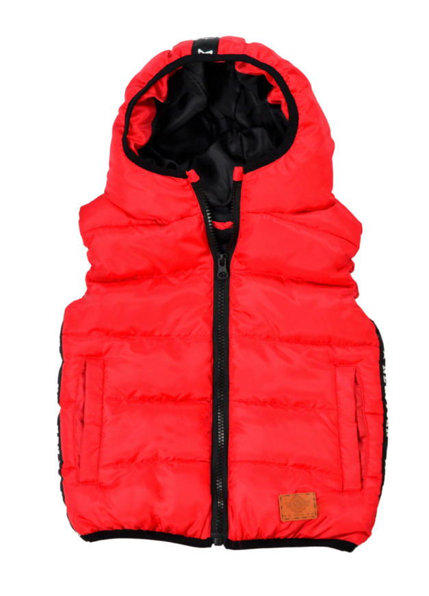 HASHTAG sleeveless jacket with hood in red.