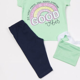 Set of TRAX capri leggings in verman color with "GOOD VIBES" logo and purse.