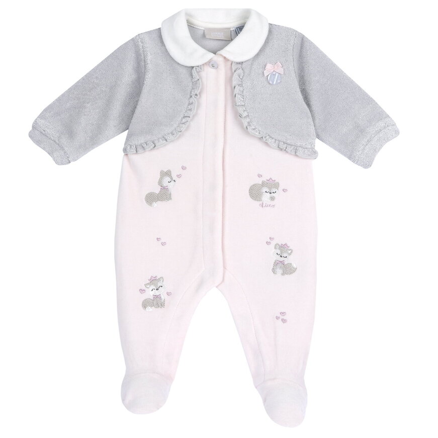 CHICCO velor bodysuit in pink color with cardigan.