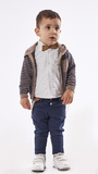 Set of 3 pcs. HASHTAG, knitted cardigan, bow tie shirt and striped fabric trousers.