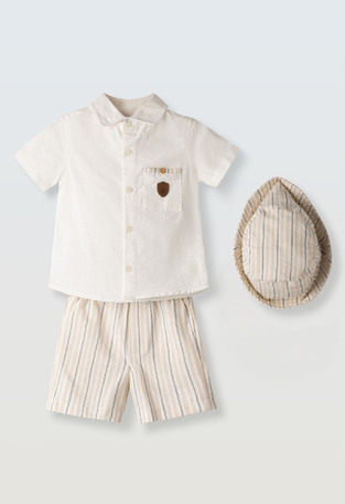 Σετ 2 τεμ. HASHTAG,  πουκάμισο σε χρώμα εκρού, βερμούδα και ασορτί καπέλο.