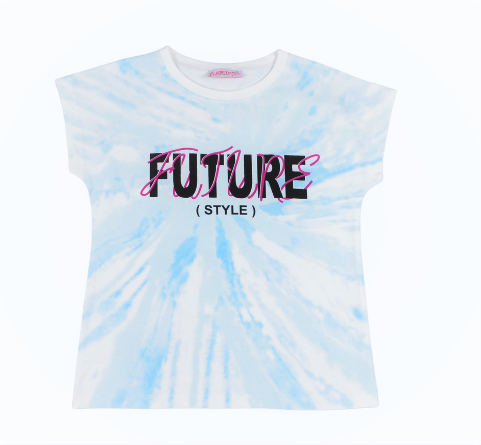 EBITA blouse in light blue with "FUTURE" print.