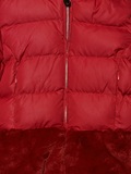 Ebita jacket in burgundy-red color with built-in hood and fur lining on the bottom.