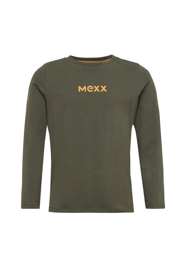 MEXX blouse in olive color with "MEXX" logo print.